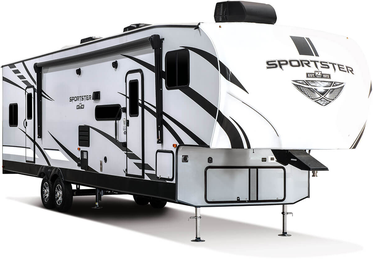 2019 KZ RV Sportster 363TH12 with orange stripes parked in a dealership lot