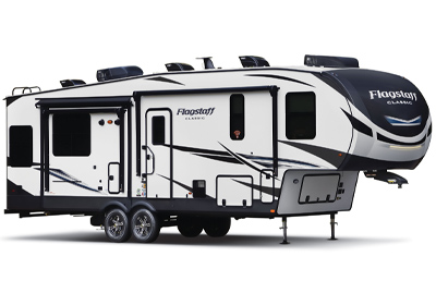 A tan 2019 Forest River Flagstaff Classic Super Lite 8528CBS fifth wheel.